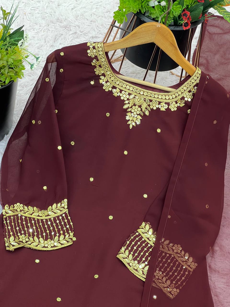 Casual Wear Brown Color Heavy Faux Georgette With Embroidery Sequence Work Salwar Suit