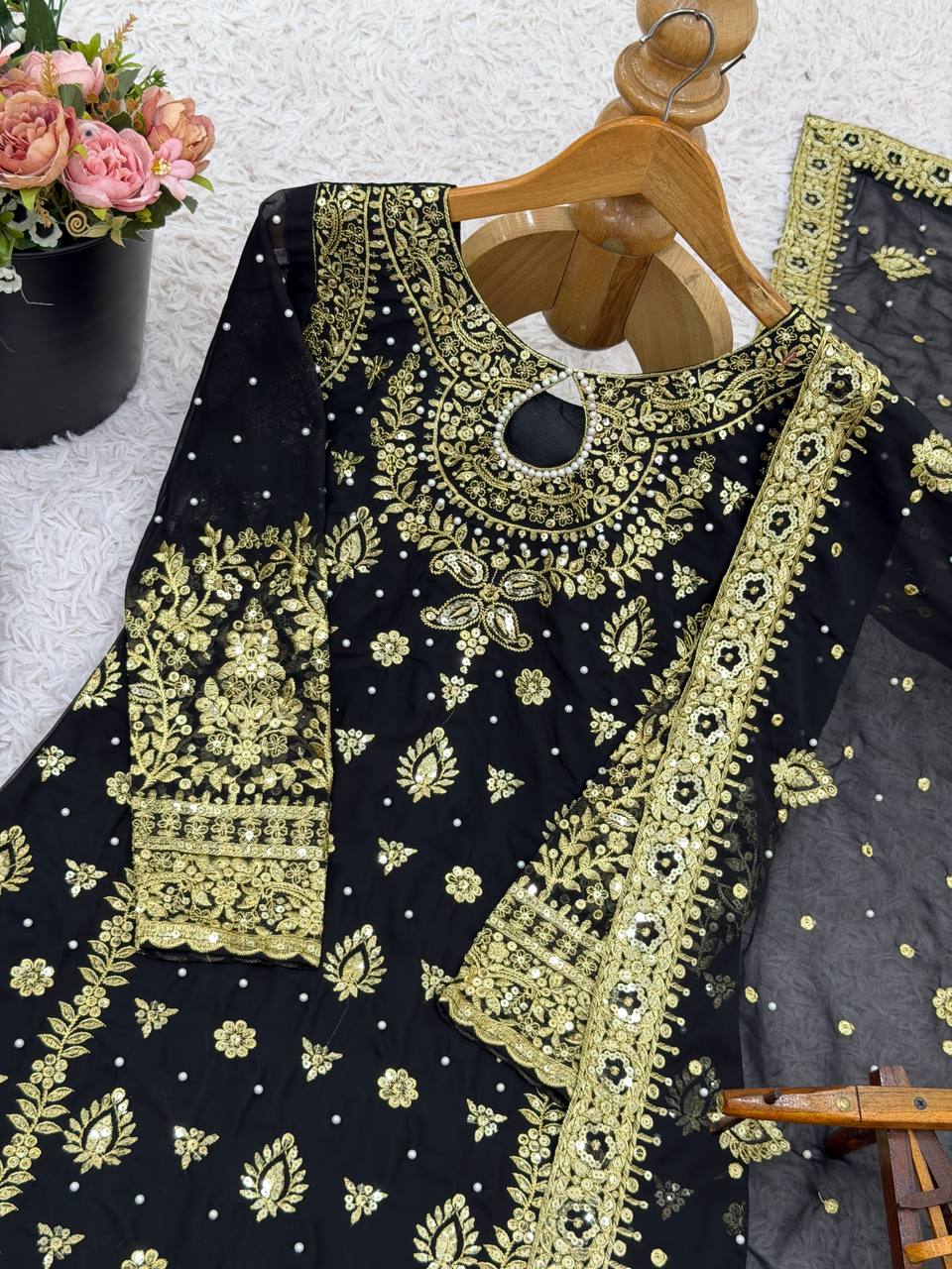 Elegant Black Color Georgette Embroidered Pakistani Palazzo Suit