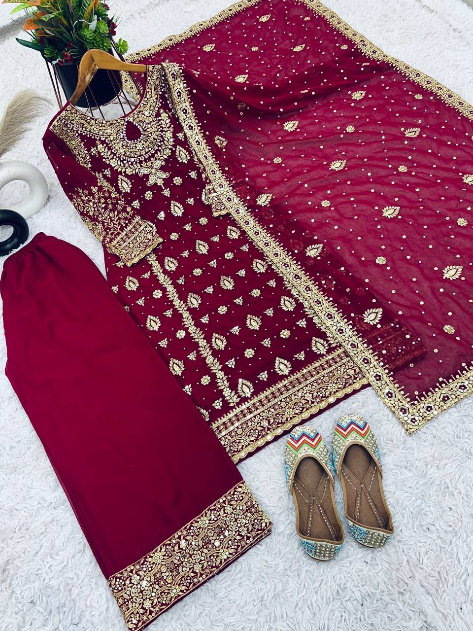 Elegant Maroon Color Georgette Embroidered Pakistani Palazzo Suit