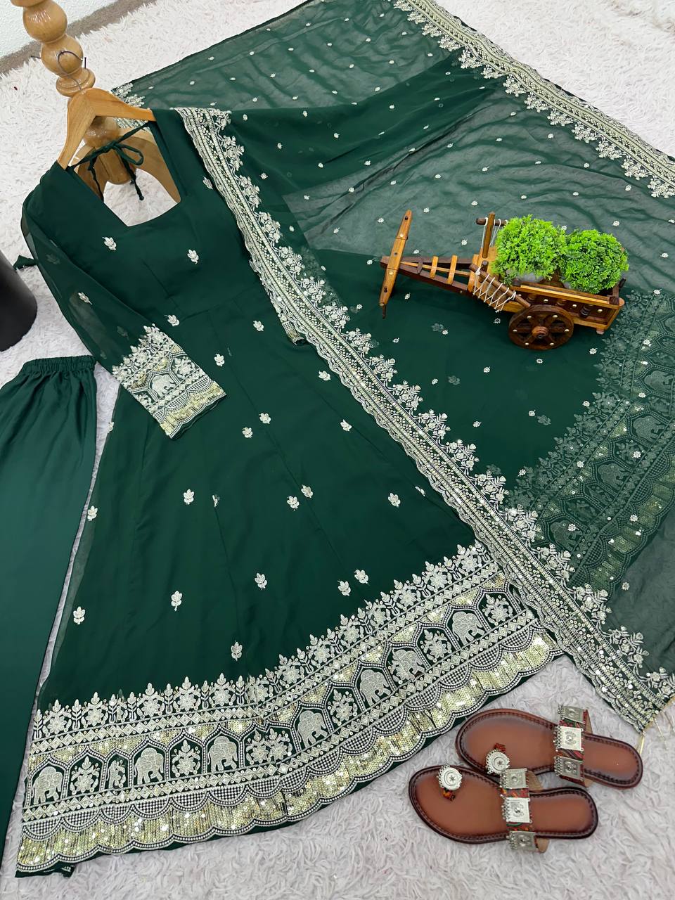 Designer Green Color Georgette Fully Flared Ready to Wear Gown