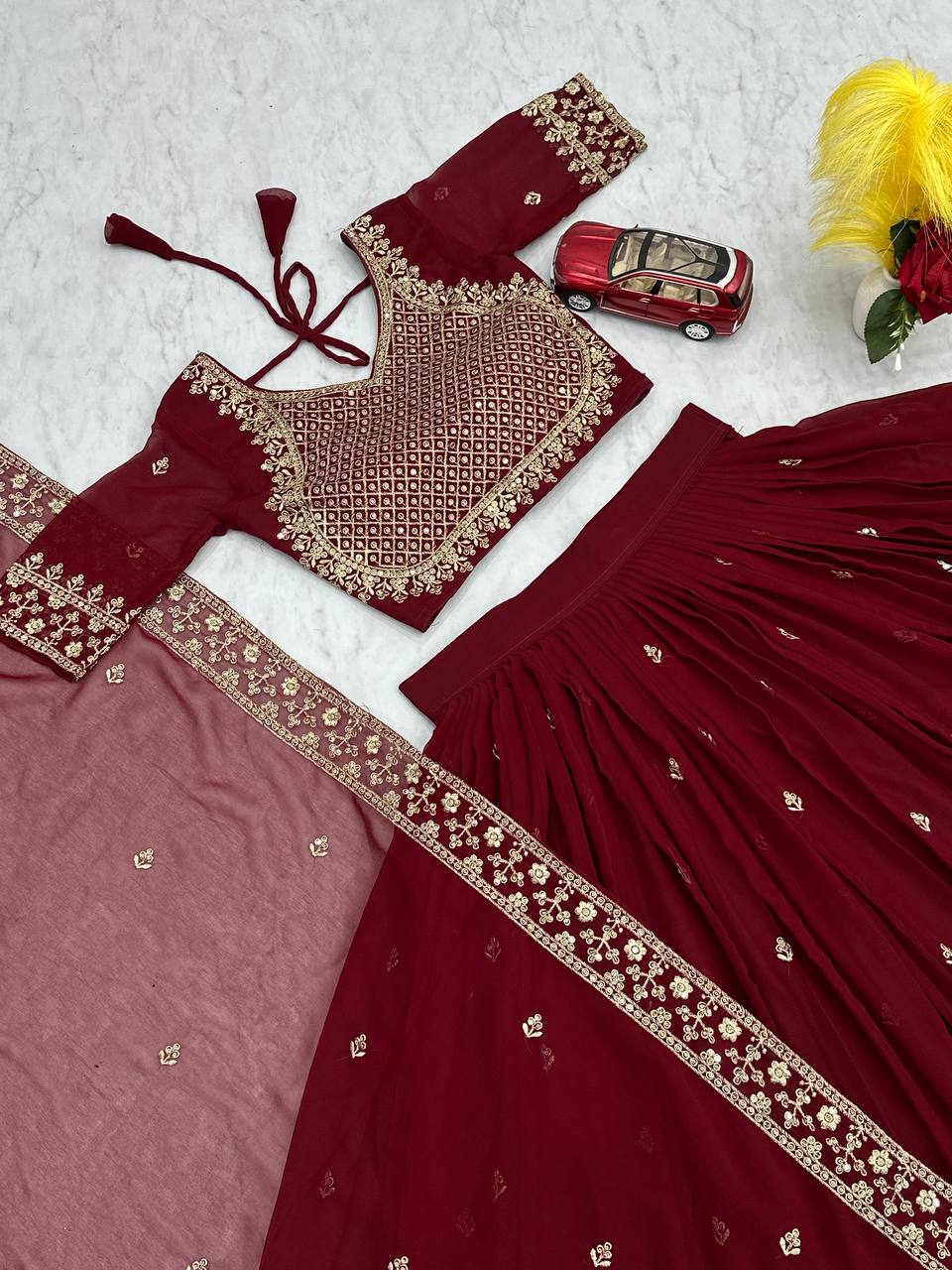 Bridal Wear Maroon Color Fox Georgette Heavy Embroidery Thread Sequence Work Lehenga Choli