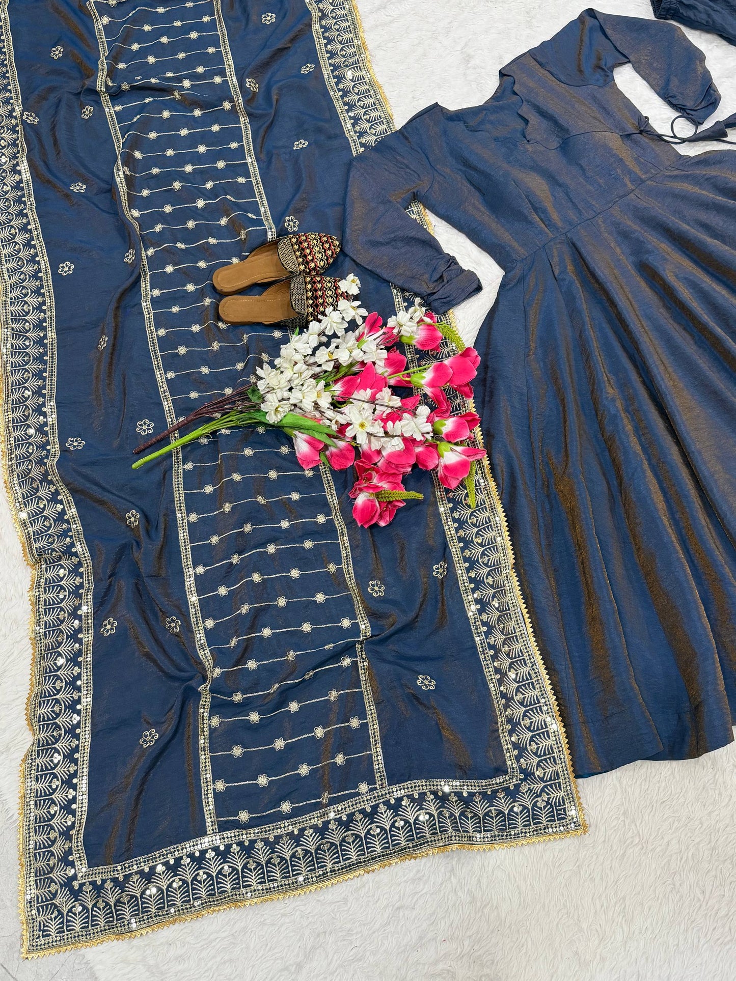 Elegant Teal Color Embroidered Designer Anarkali Palazzo Suit