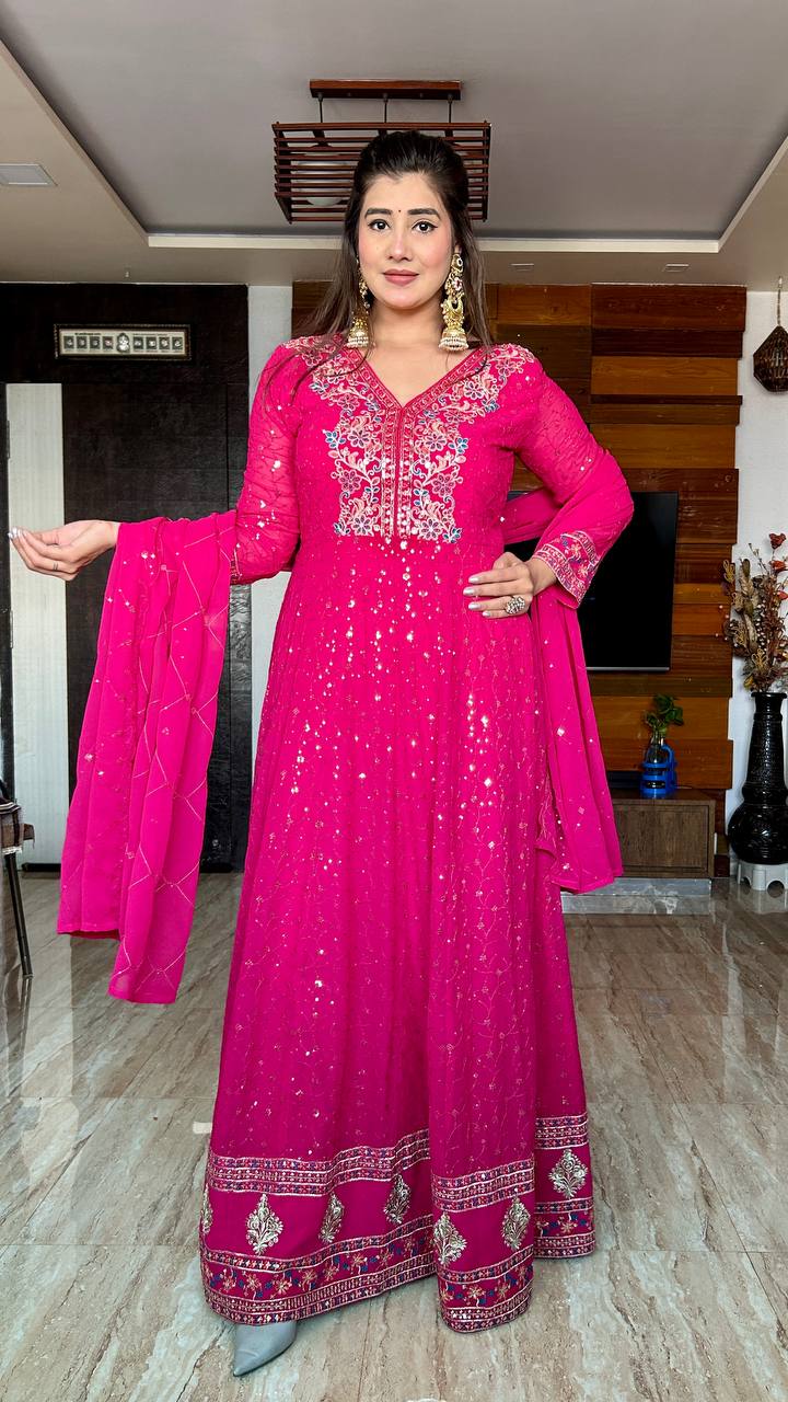 Designer Pink Color Pure Georgette With Heavy Embroidery Sequence Work Designer Gown