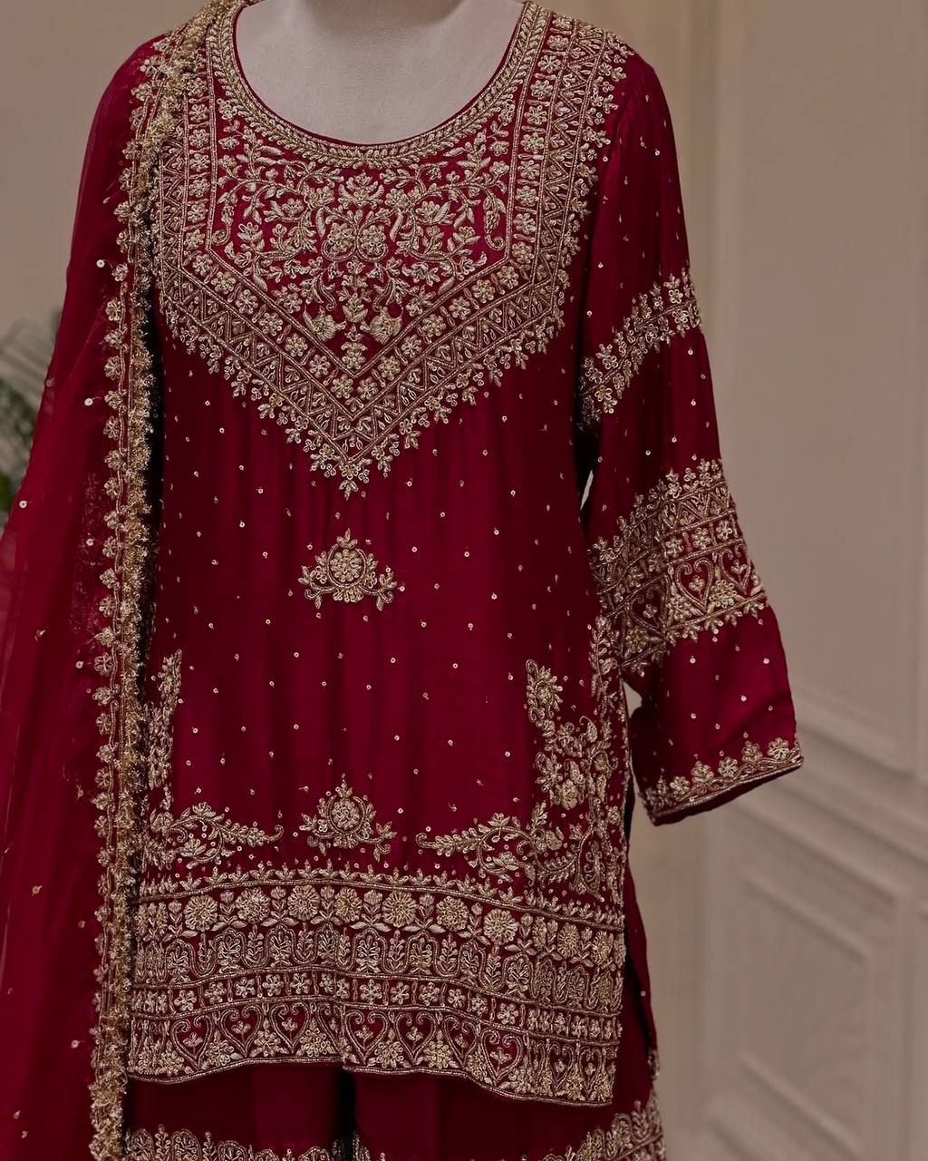 Beautiful Maroon Heavy Georgette Embroidered Sharara Suit Set