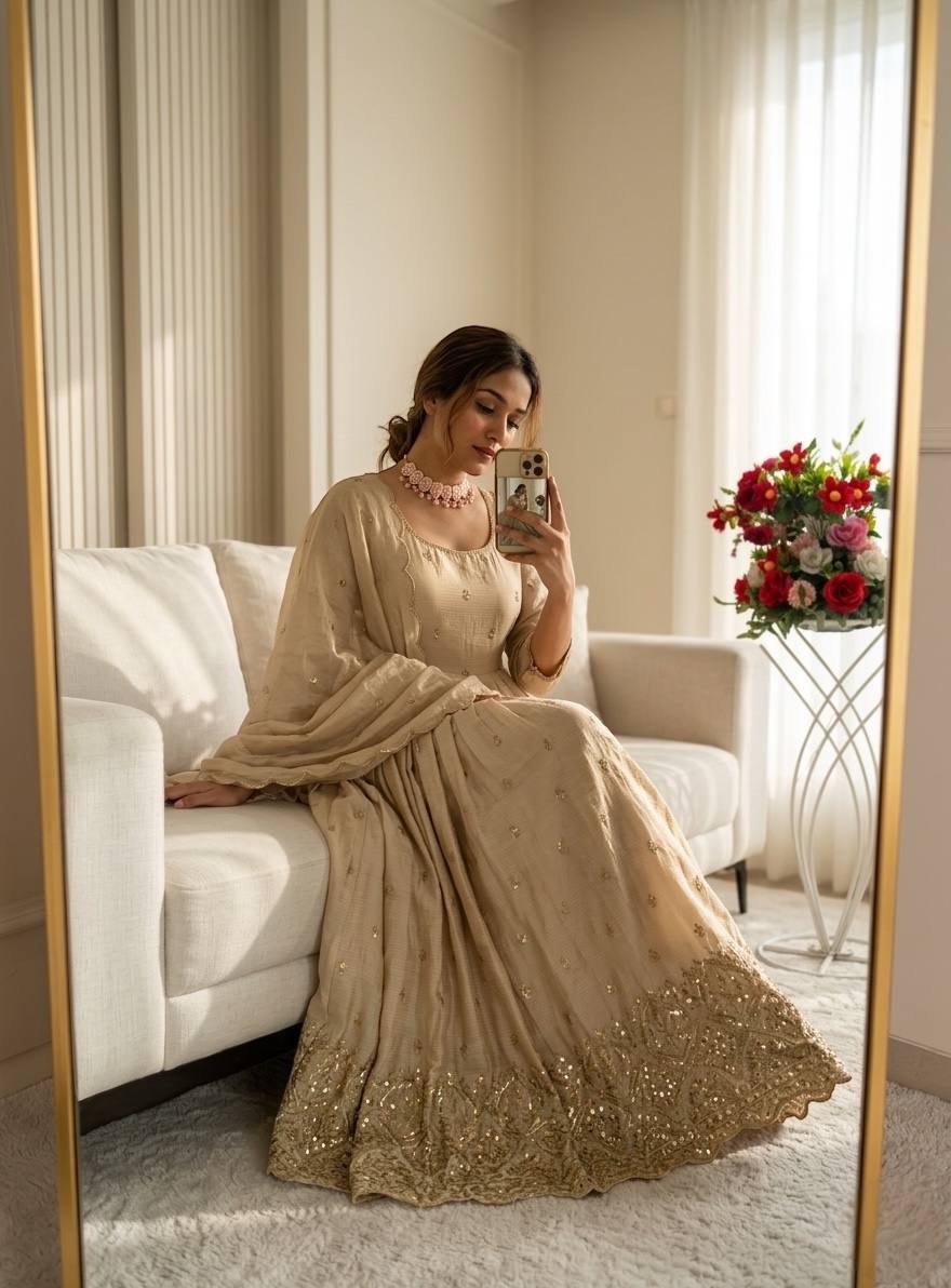 Party Wear Beige Color Sequence Embroidered Anarkali Gown With Dupatta