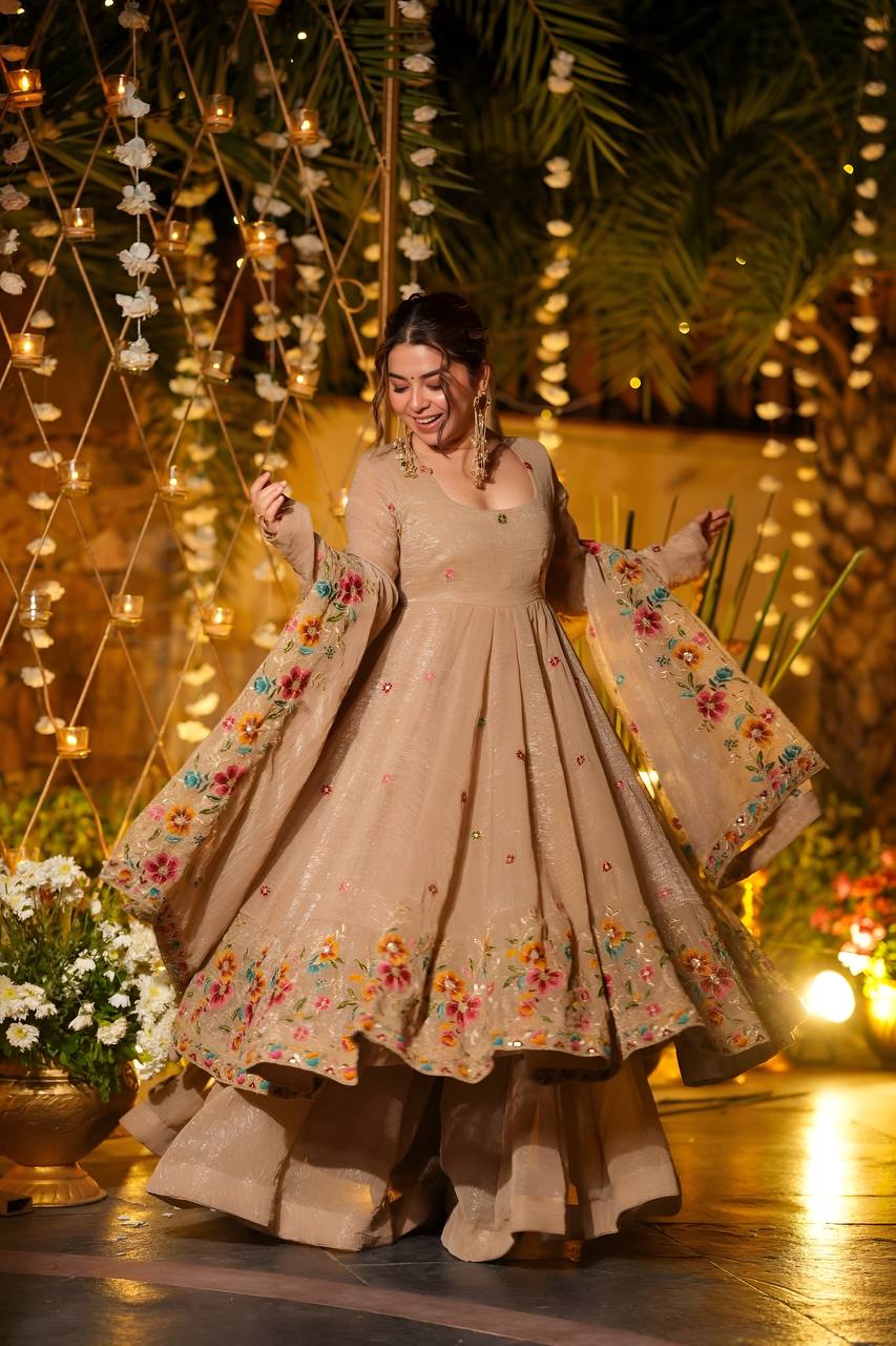 Neha's Wear Beige Color Embroidered Gown With Sharara And Dupatta