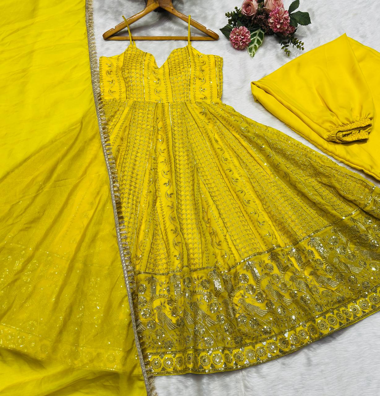 Neha's Yellow Color Designer Embroidered Organza Gown Set