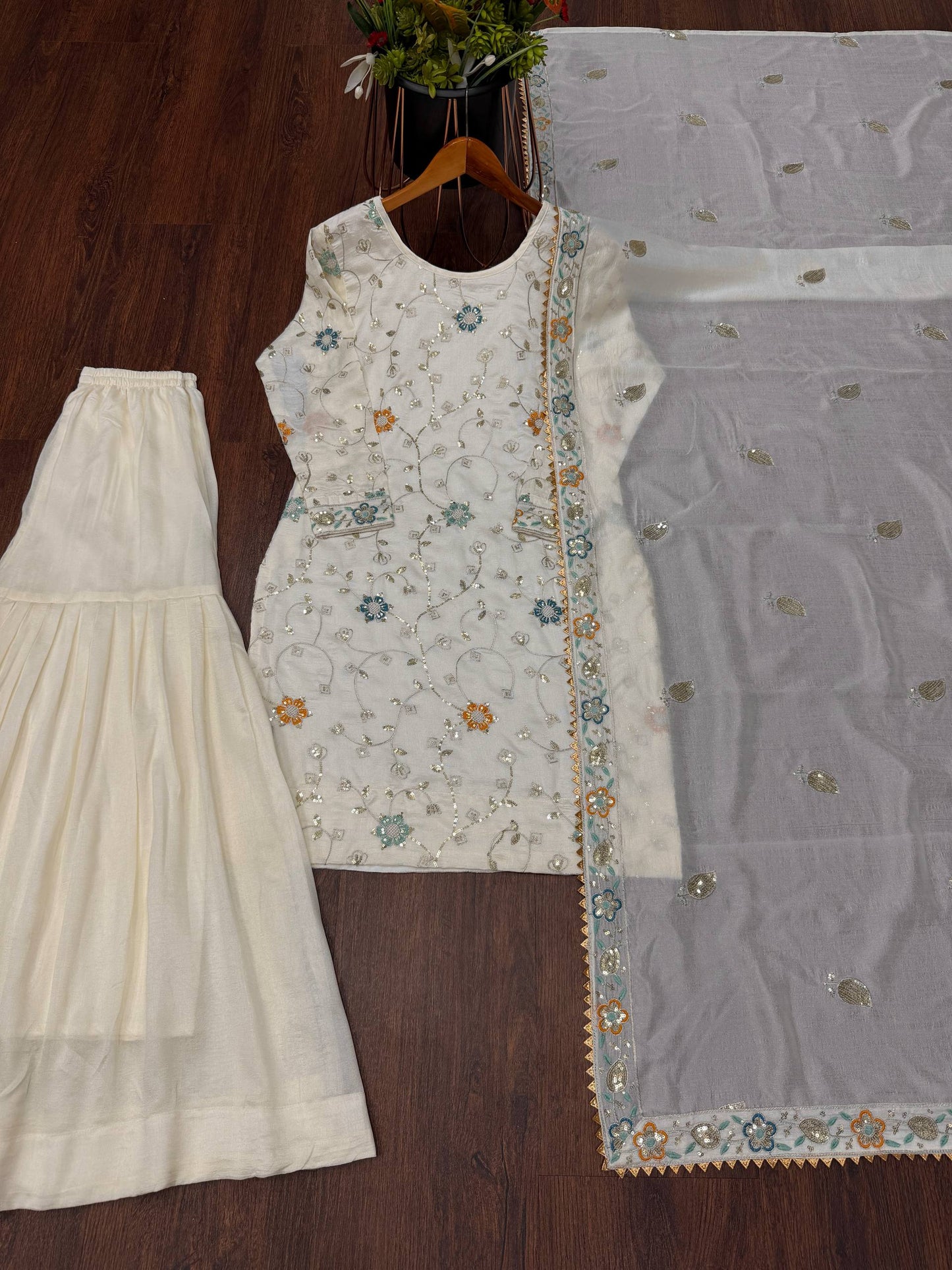 Designer Cream Color Pure Chinnon Embroidered Sequins Work Sharara Suit