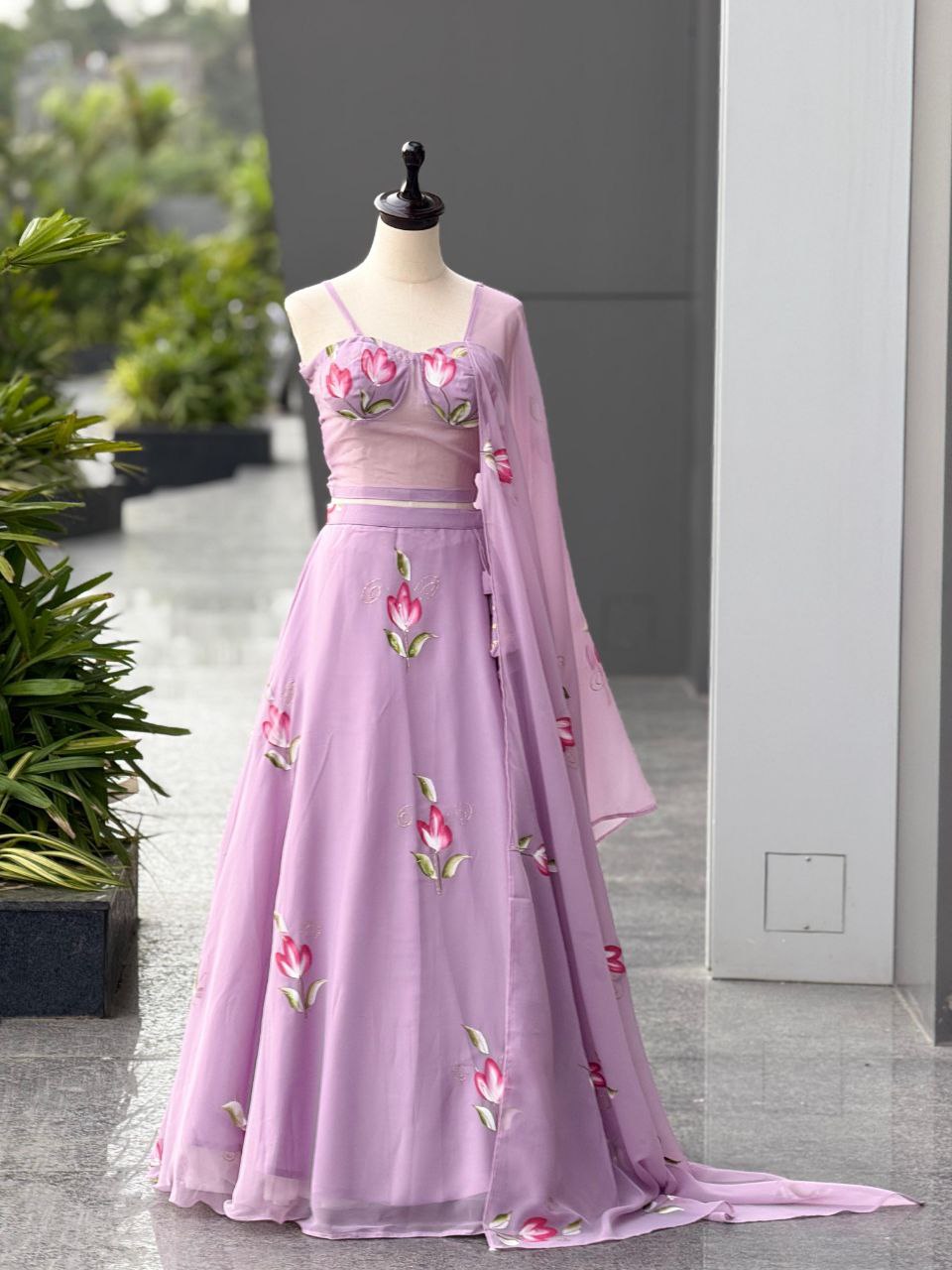 Elegance Lavender Color Hand Painted Corset Pure Georgette Lehenga Set