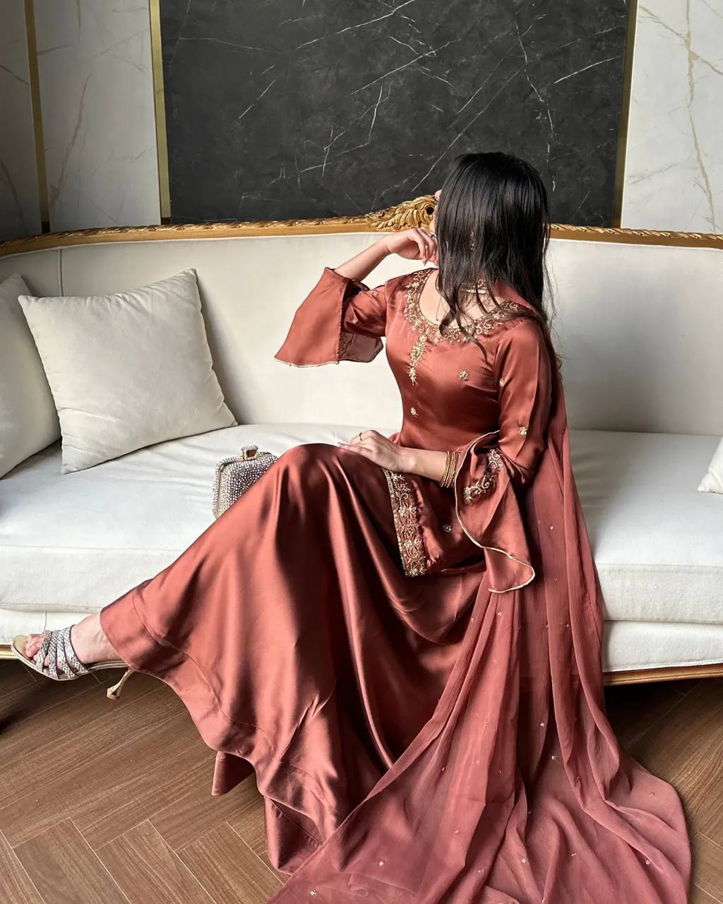 Wedding Wear Rust Color Crepe Silk Sharara Set With Umbrella Sleeve