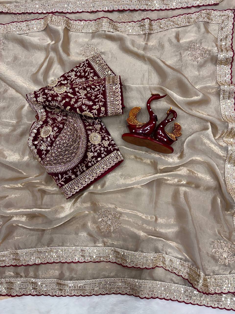 Charming Cream Color Sequnce Embroidered Designer saree With Blouse