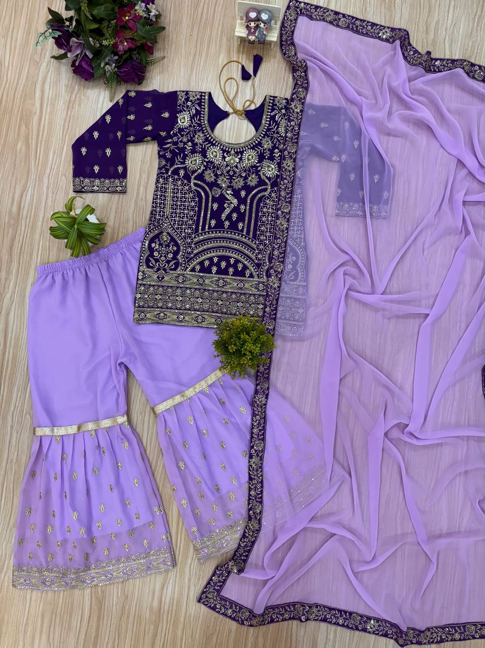 Traditional Wear Purple Color Embroidered Suit On Georgette Fabric With Heavy Work Sharara Suit With Dupatta