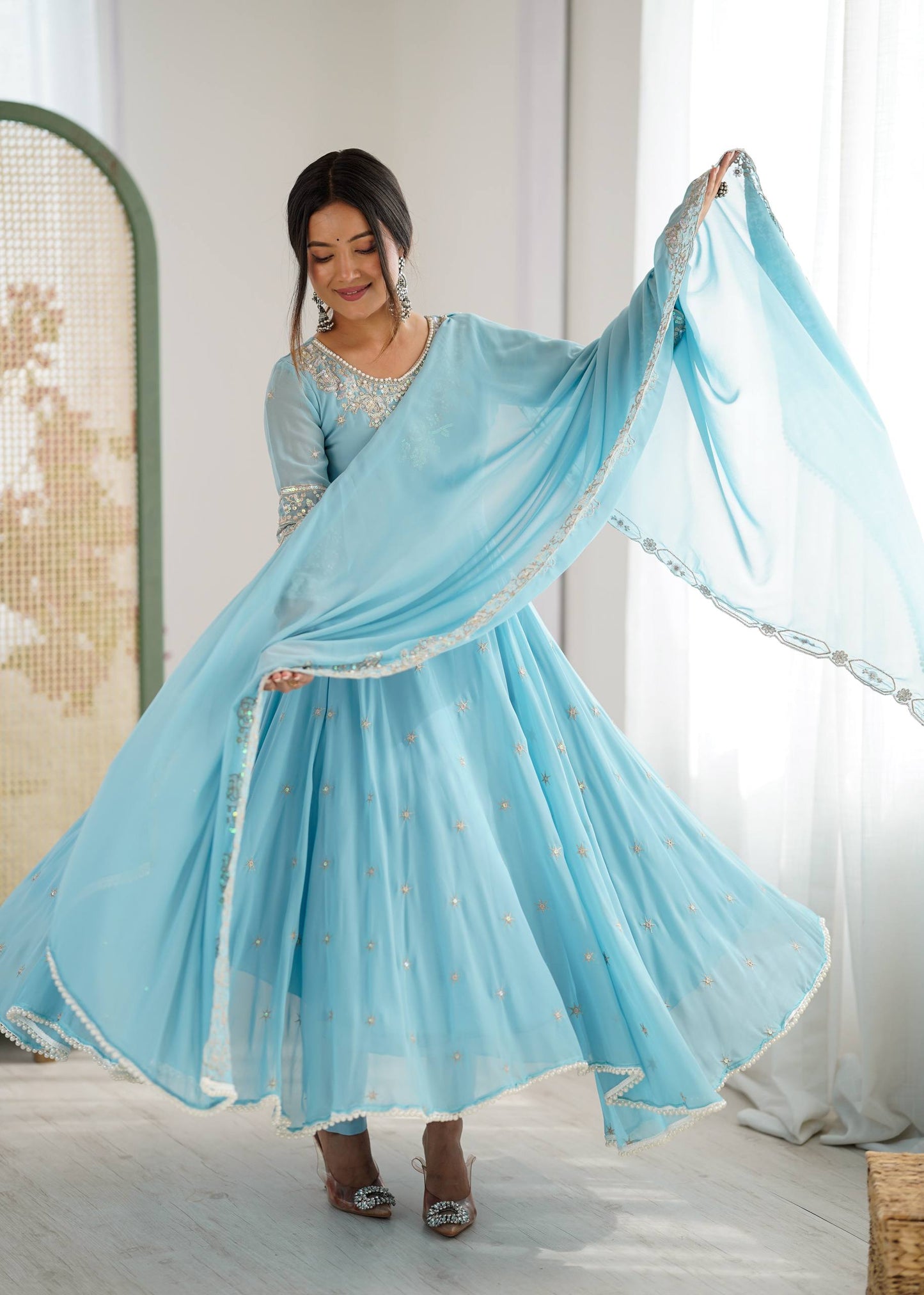 Arti Chauhan Wear Sky Blue Color Sequence Embroidered Anarkali Gown With Dupatta