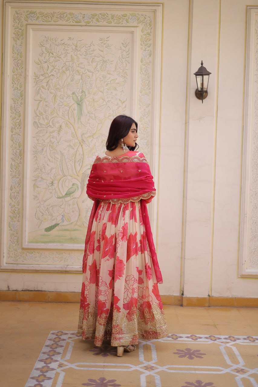 Function Wear Pink And White Color Printed Gown Set