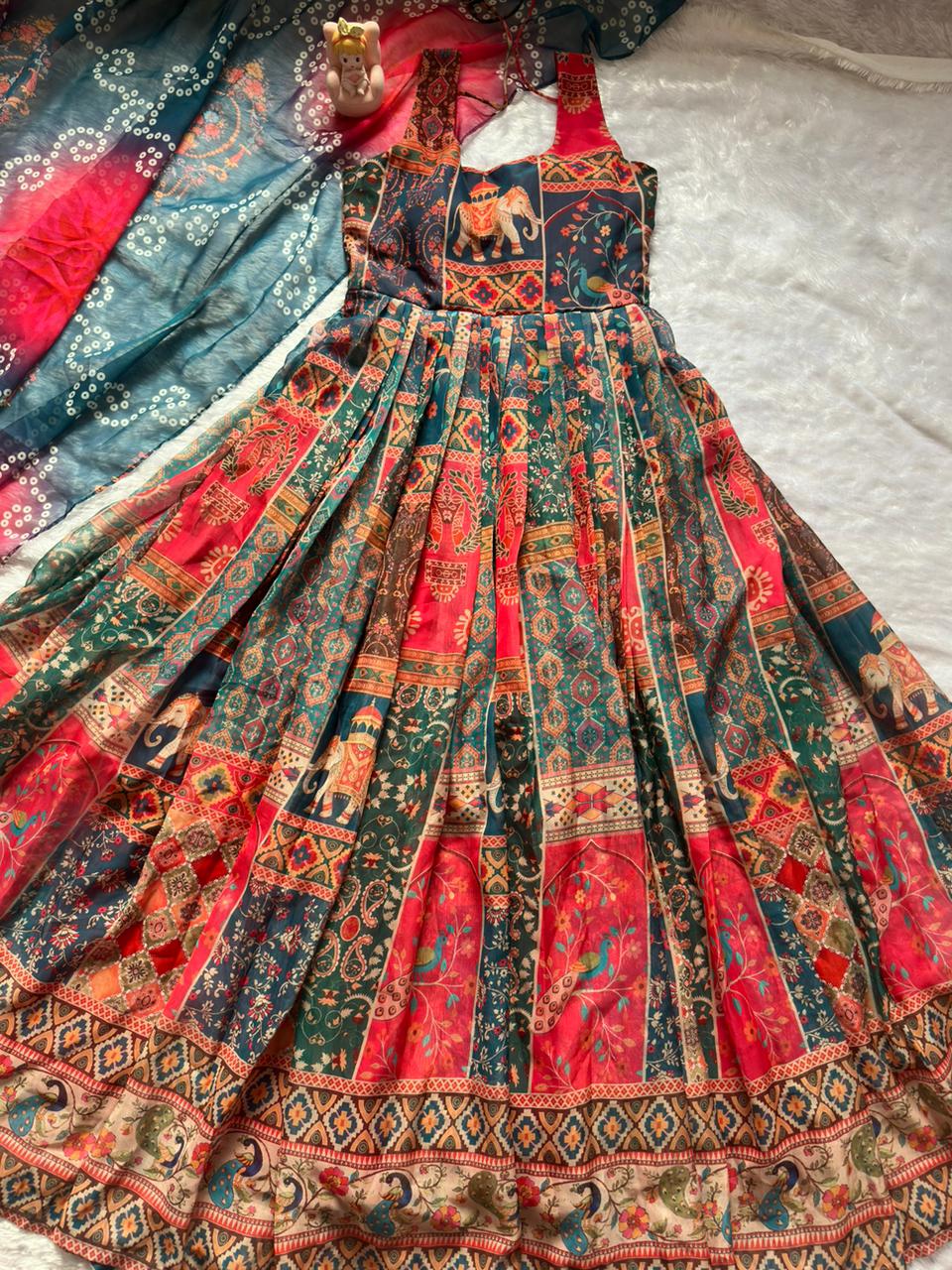 Beautiful Multi Soft Organza Patola Printed Anarkali Gown