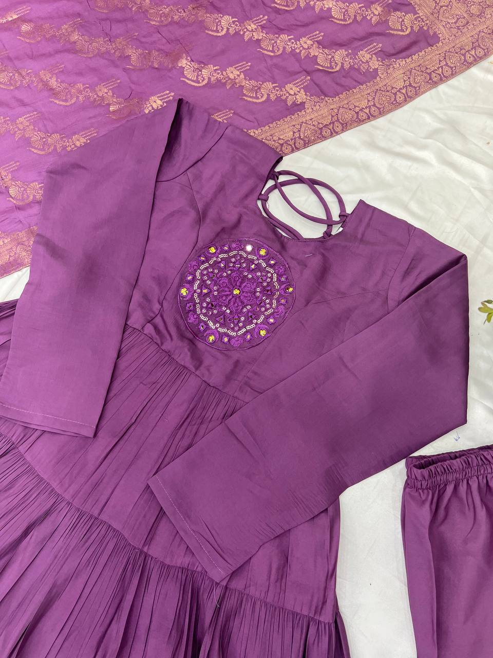 Reception Wear Lavender Color Heavy Roman Silk With Embroidery Sequence Work Anarkali Gown