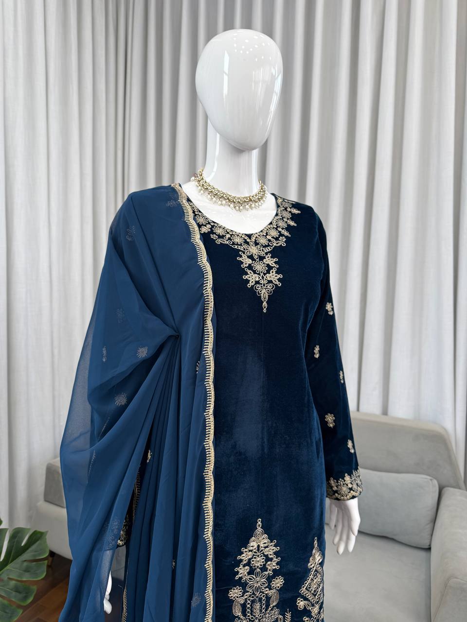 Elegant Navy Blue Color Embroidered Velvet Pant Suit Set