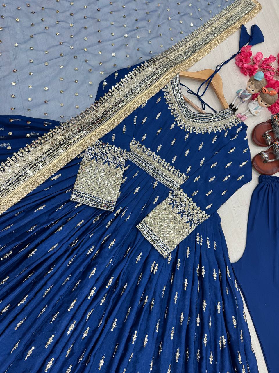 Alluring Blue Color Heavy Pure Chinon Silk With Embroidery Sequence Work Gown