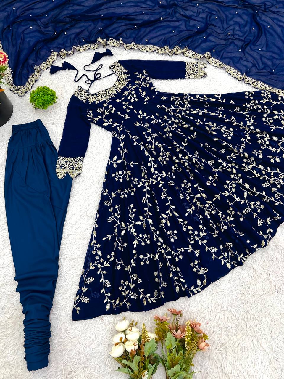 Arti Chahan Wear Navy Color Embroidery Work Anarkali Suit