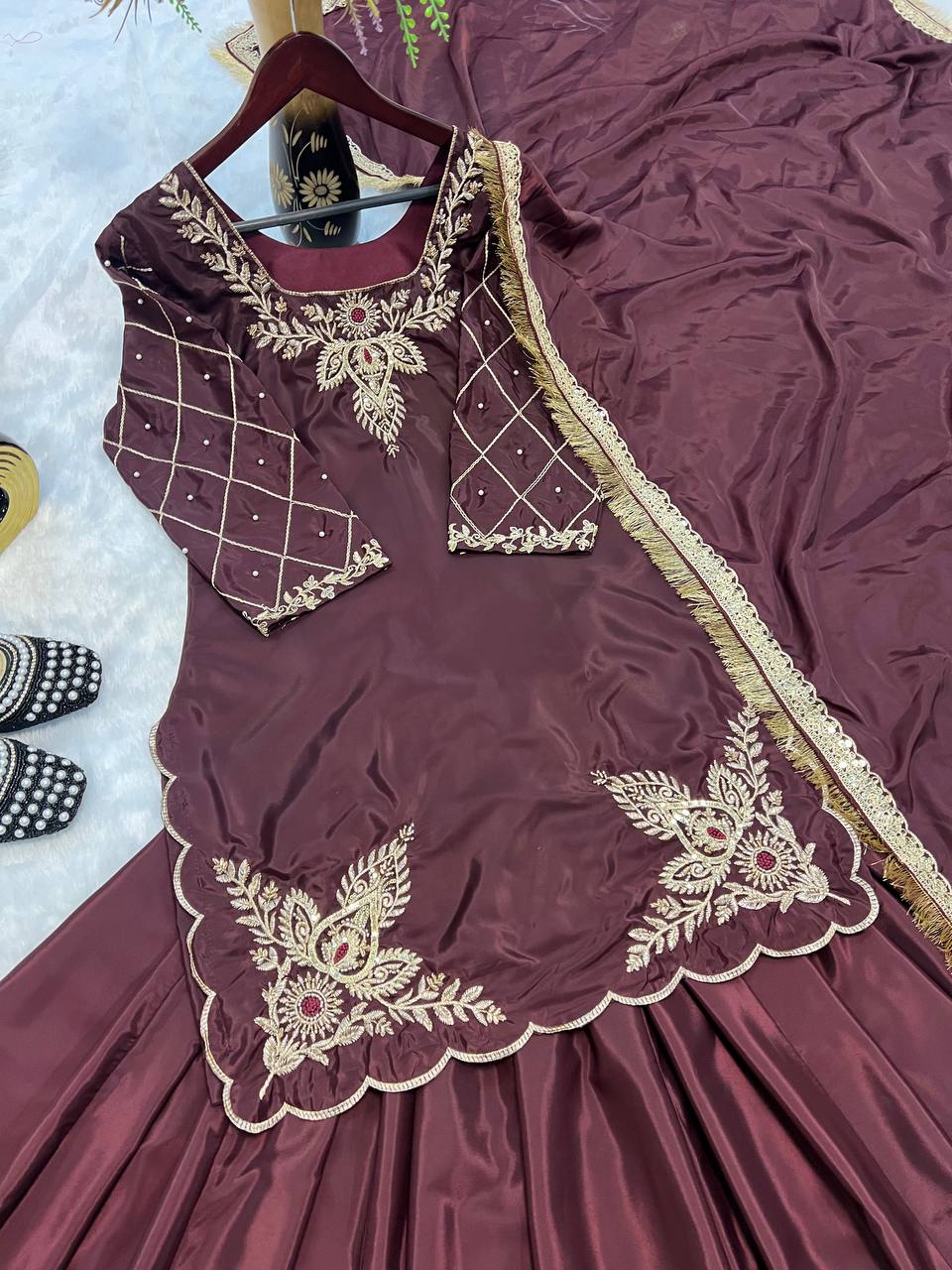 Gorgeous Wine Color Natural Crepe Silk Bids Hand Work With Sequence With Embroidery And Zari Work Lehenga Suit
