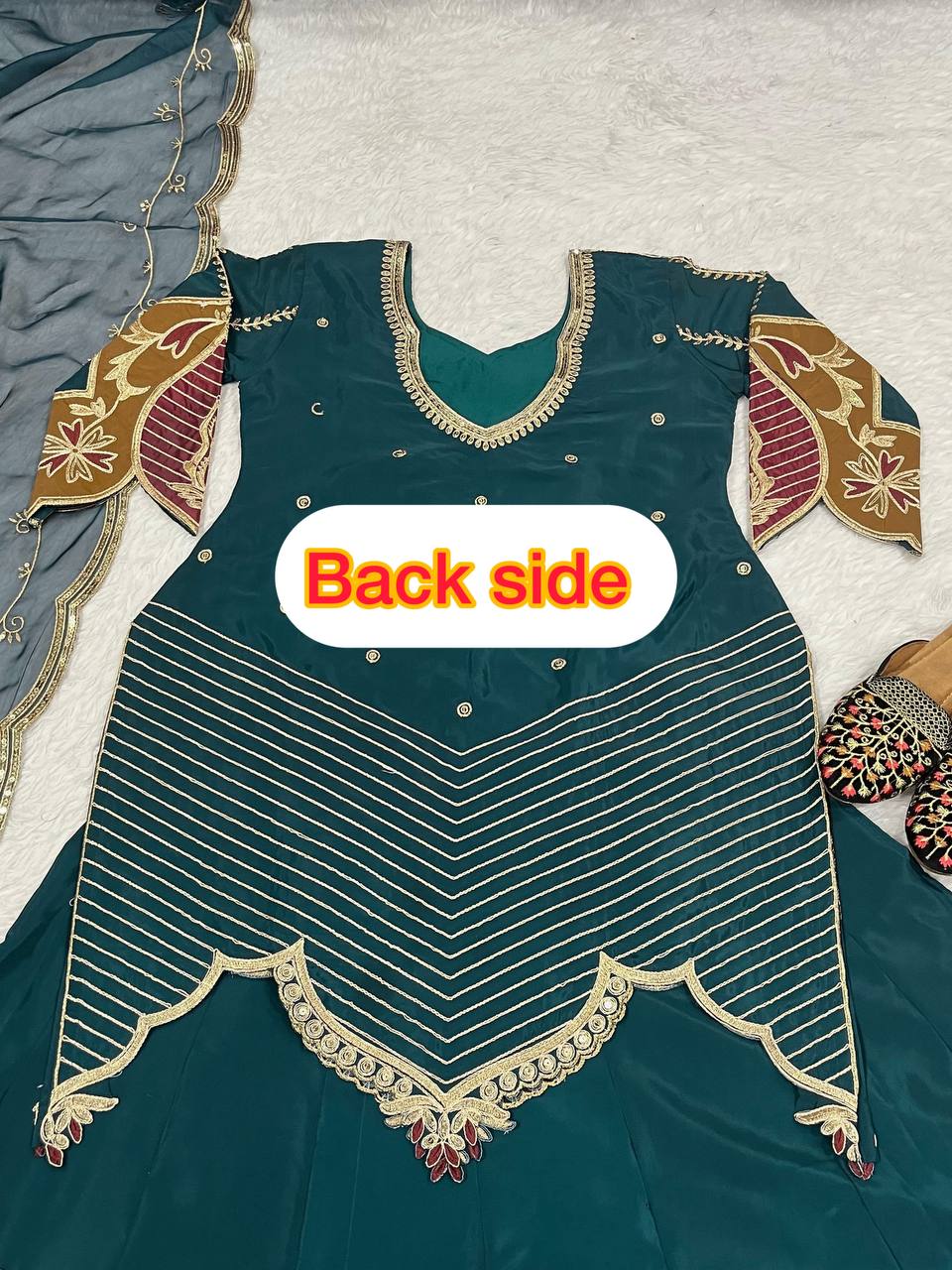 Luxuriant Teal Green Color Natural Crepe Silk Embroidery Sequence Work Top With Lehenga