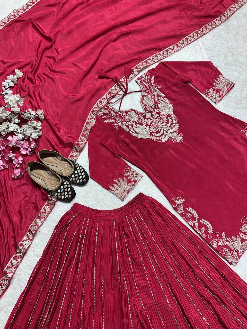 Luxuriant Pink Color Pure Heavy Chinon Silk With Heavy Embroidery Coding Sequence Work Sharara Suit