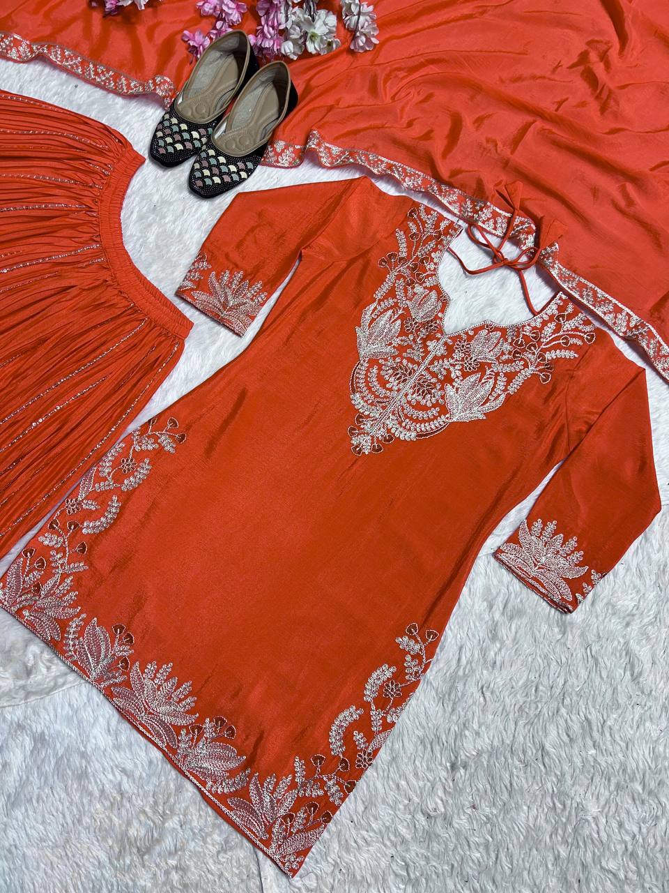 Luxuriant Orange Color Pure Heavy Chinon Silk With Heavy Embroidery Coding Sequence Work Sharara Suit