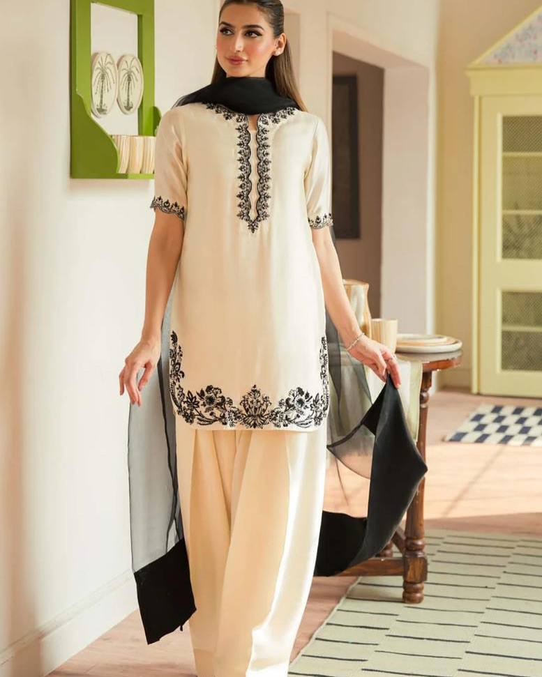 Casual Wear White Color Pure Natural Crepe With Beads Hand Work Embroidery Work Palazzo Suit