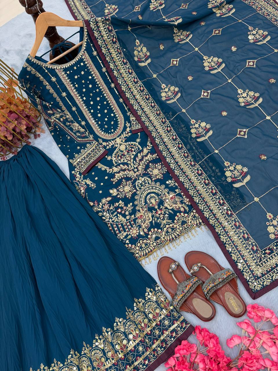 Teal Green Color Embroidered Rivert Moti Work Plazzo Set