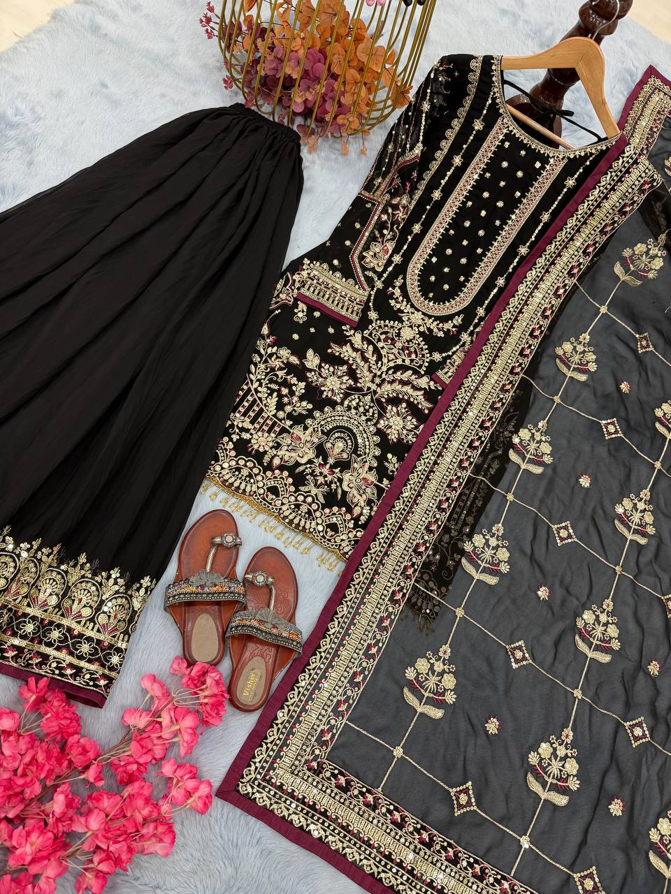 Black Color Embroidered Rivert Moti Work Wedding Wear Plazzo Set