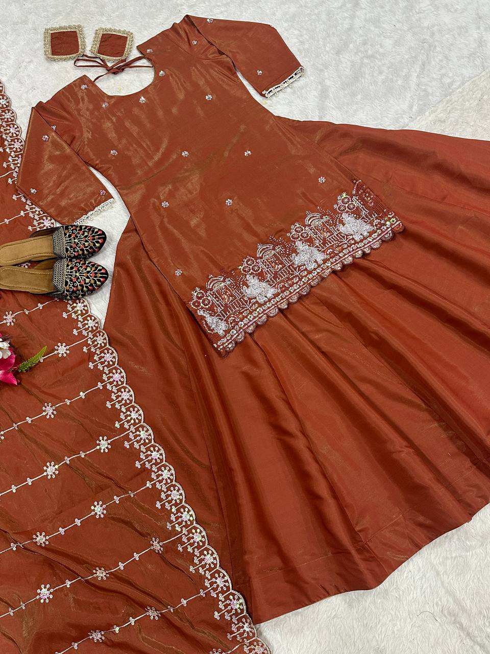 Party Wear Chocolate Color Simmer Silk Bids Hand Work With Sequence Embroidery Work Top With Lehenga