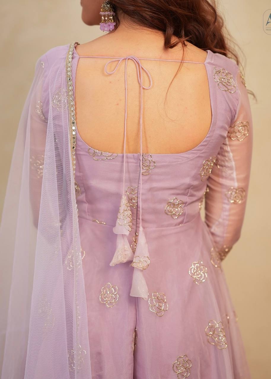 Designer Lavender Color Organza Hand Embroidered Gown Set