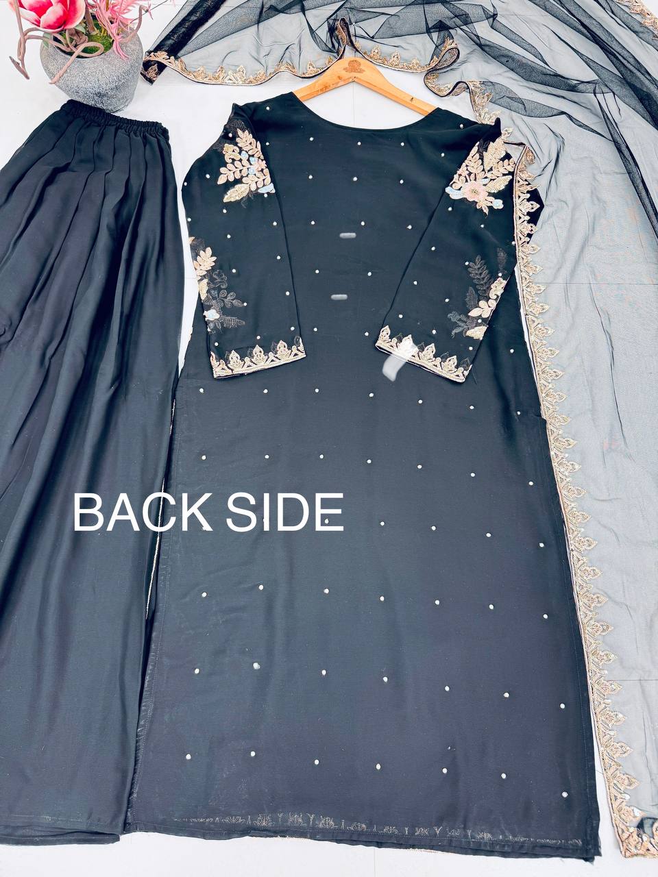 Party Wear Black Color Georgette Handwork Palazzo Set