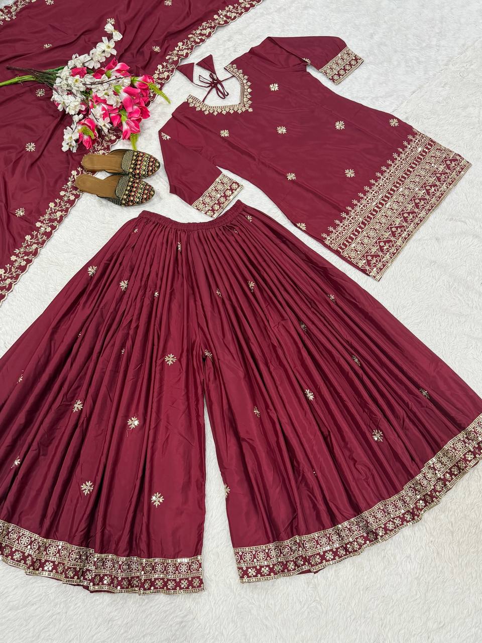 Awesome Maroon Color Embroidered Sharara Suit With Dupatta