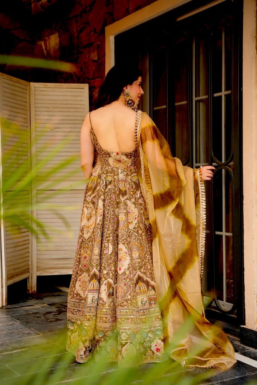 Party Wear Brown Organza Silk Huge Flair Anarkali Gown Set