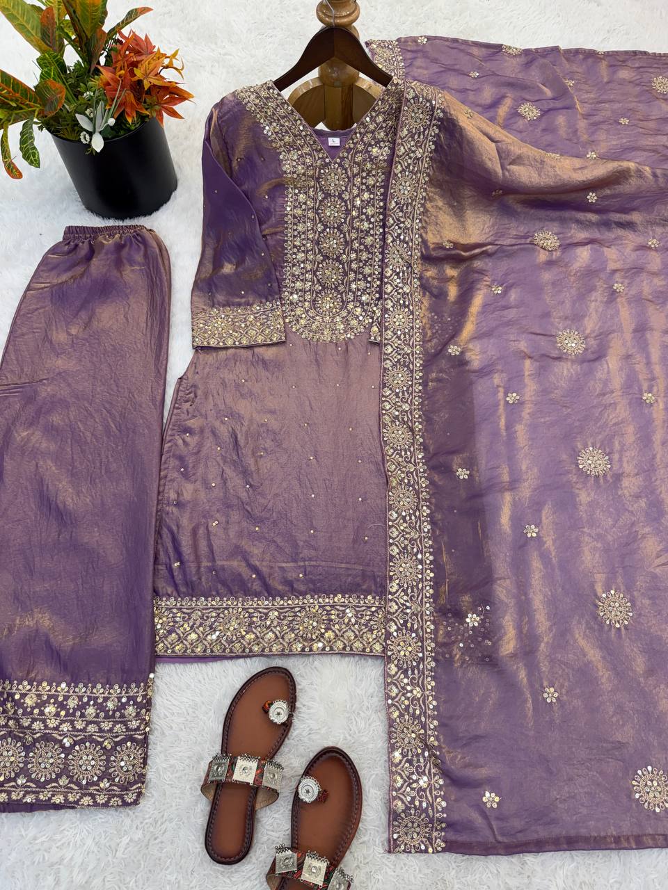 Purple Color Embroidery Sequence And Hand Diamond Work Palazzo Suit