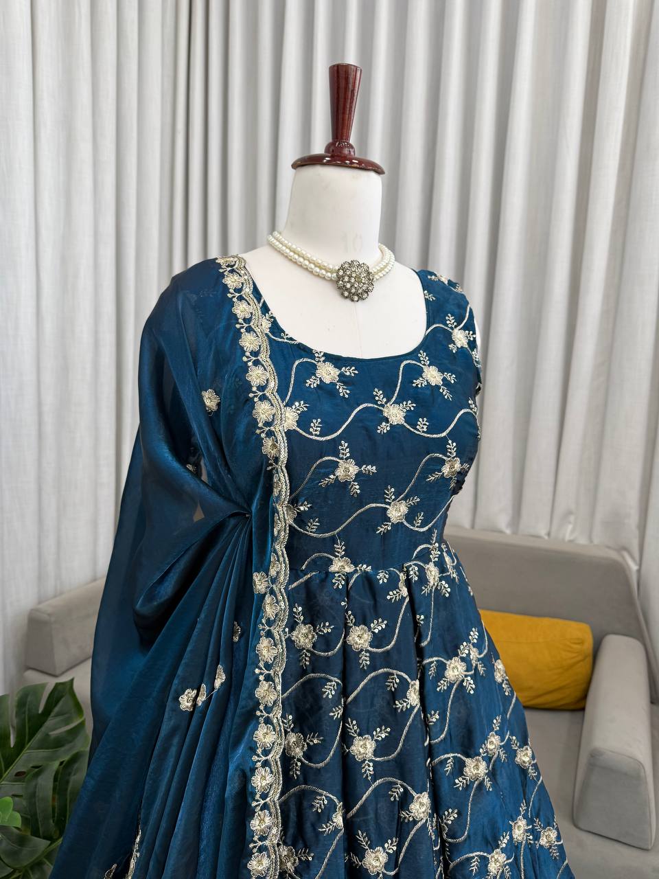 Party Wear Teal Color Fendy Silk Anarkali Gown Set