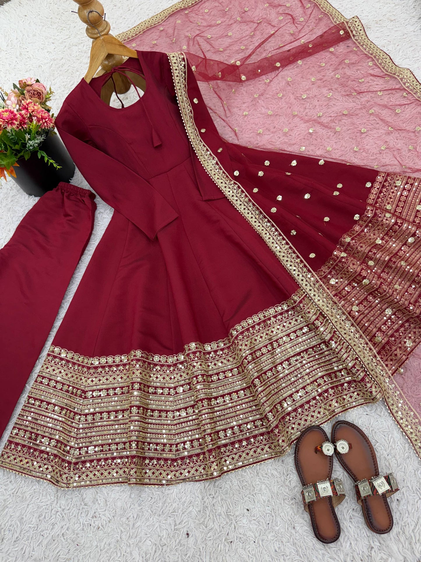 Designer Maroon Color Pure SIlk Embroidered Full Flair Anarkali Suit