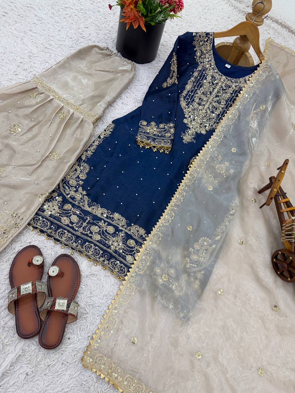 Festive Wear Navy Blue Color Embroidered Top With Palazzo Suit