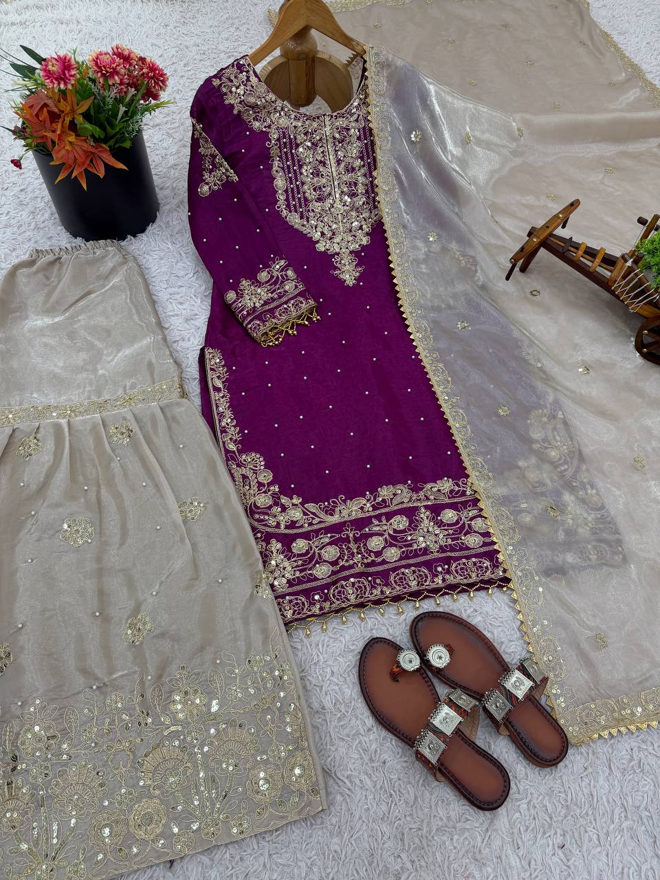 Ceremony Wear Purple Color Embroidered Top With Palazzo Suit