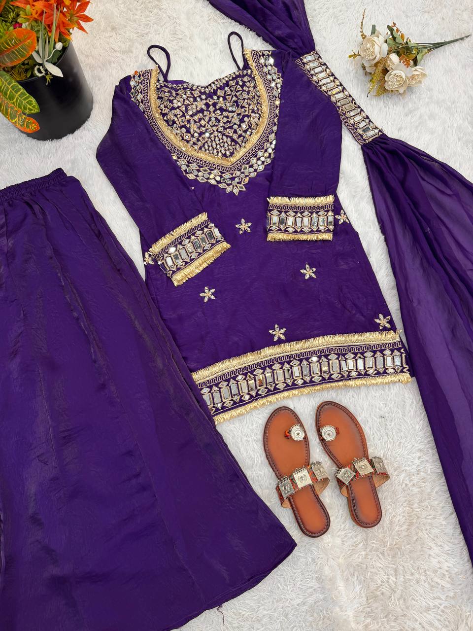 Stylish Designer Fendy Silk Mirror Work Sharara Set