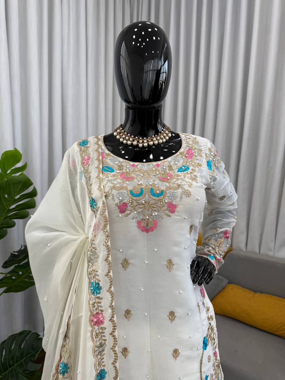 Party Wear Embroidery White Color 3-Piece Anarkali Sharara Set