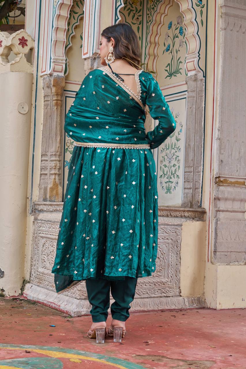 Elegant Teal Blue Heavy Fendi Silk Anarkali Suit Set