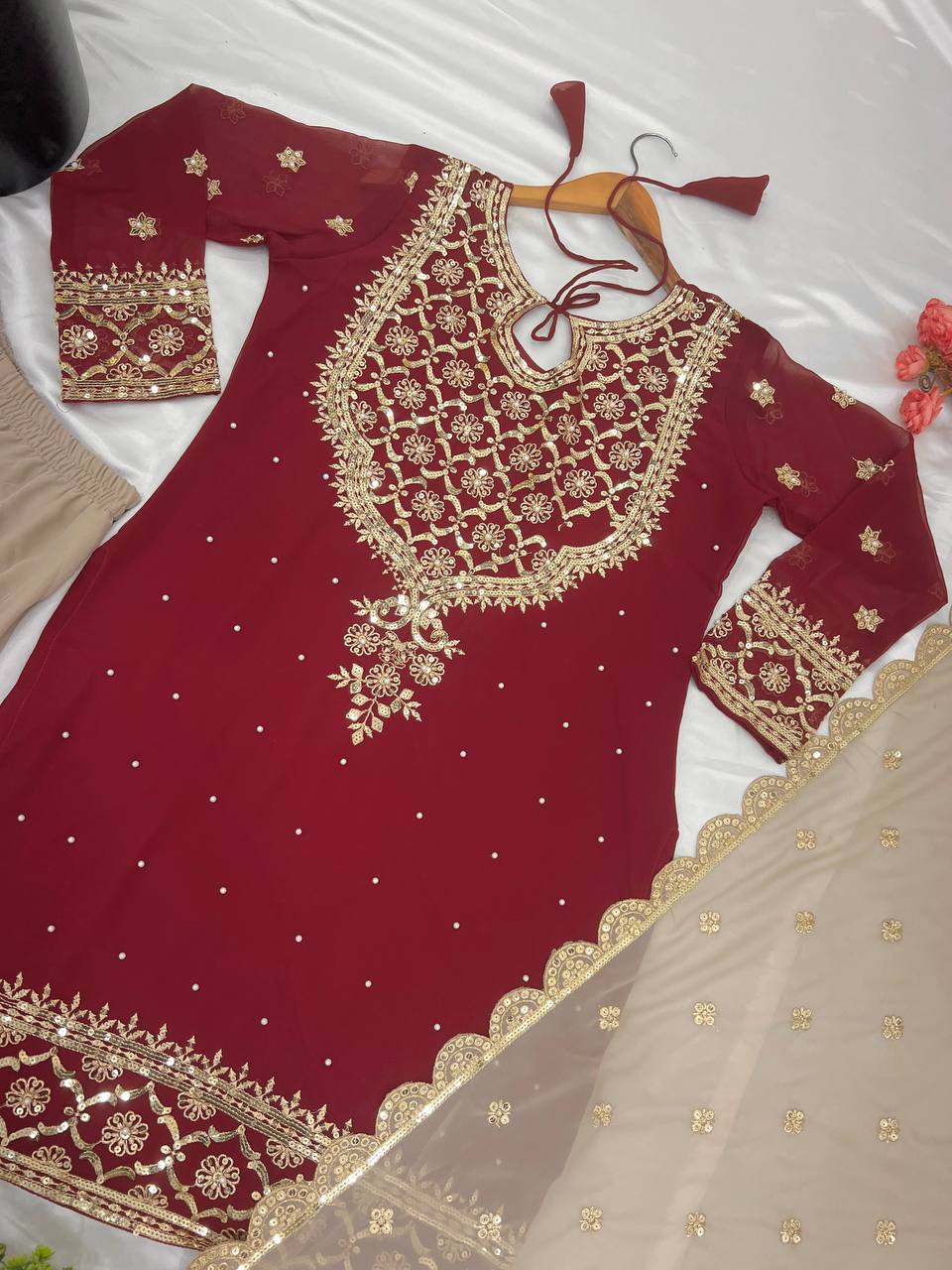 Wedding Wear Maroon Color Heavy Faux Georgette With 5mm Embroidery Sequence Work Sharara Suit