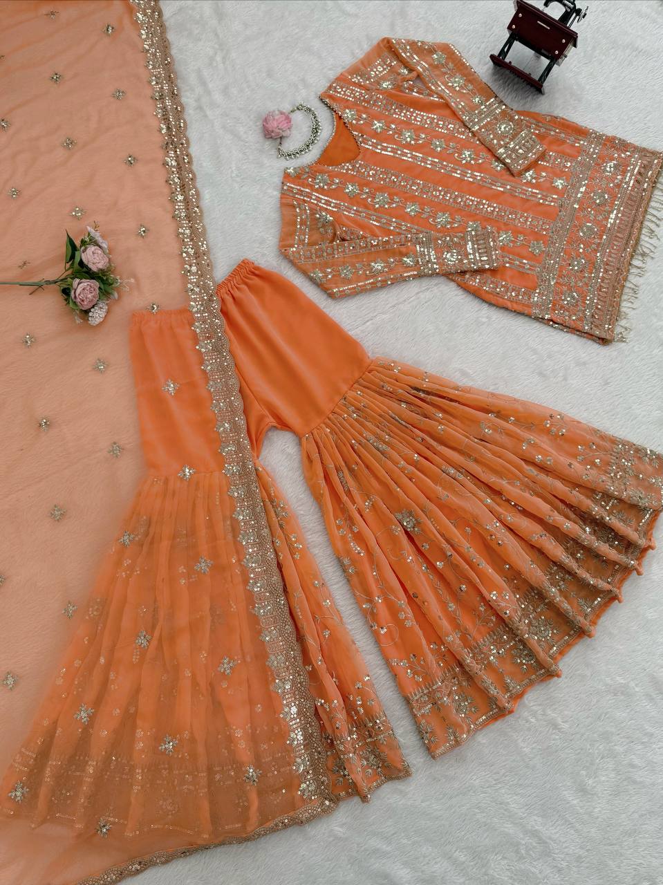 Wedding Wear Orange Color Faux Georgette Sharara Set