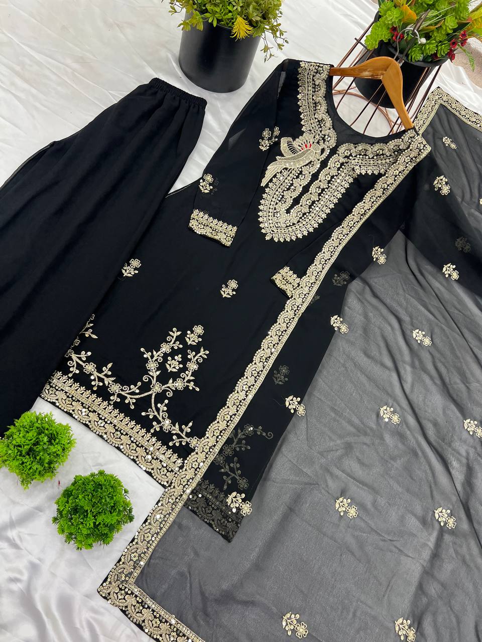 Function Wear Black Color Heavy Faux Georgette With Heavy Embroidery Sequence Work Palazzo Suit