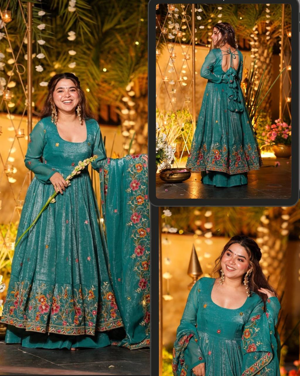 Neha's Wear Rama Color Embroidered Gown With Sharara And Dupatta