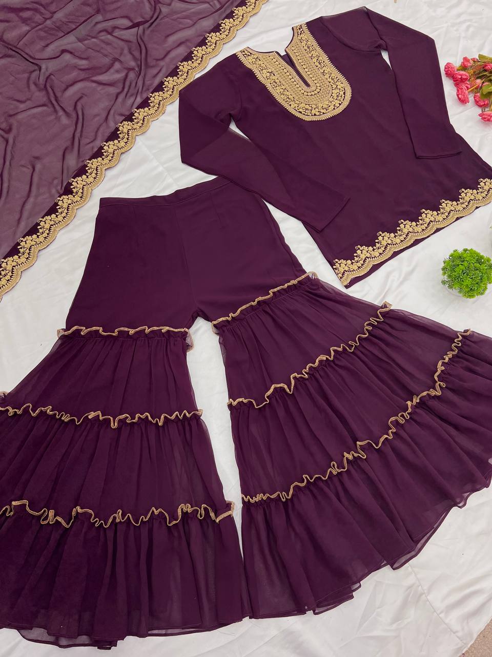 Ravishing Wine Color Blooming Faux Georgette With Heavy Embroidery Sequence Thread Work Palazzo Suit