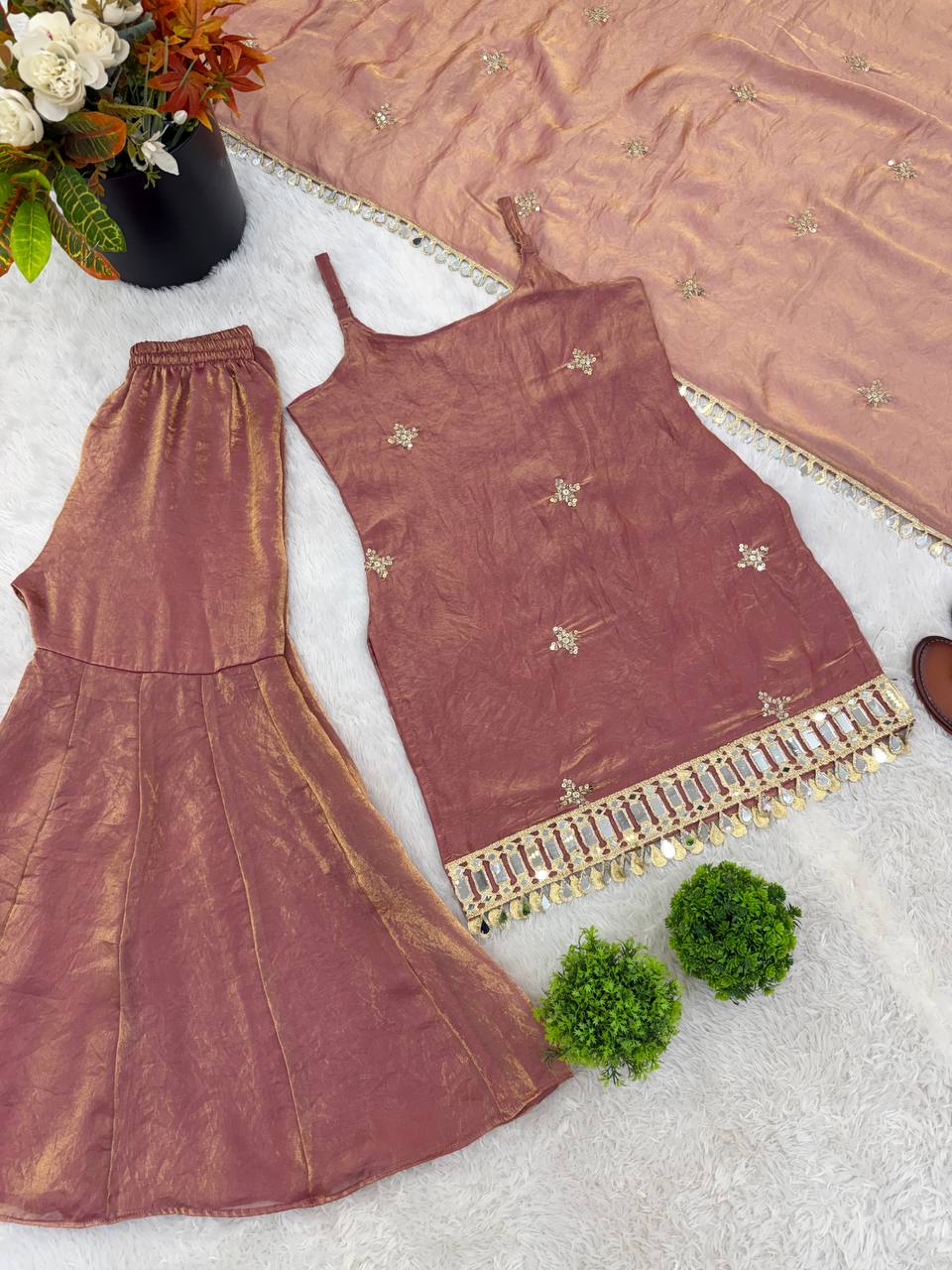 Wedding Wear Dusty Peach Color Fendy Silk Mirror Work Sharara Set