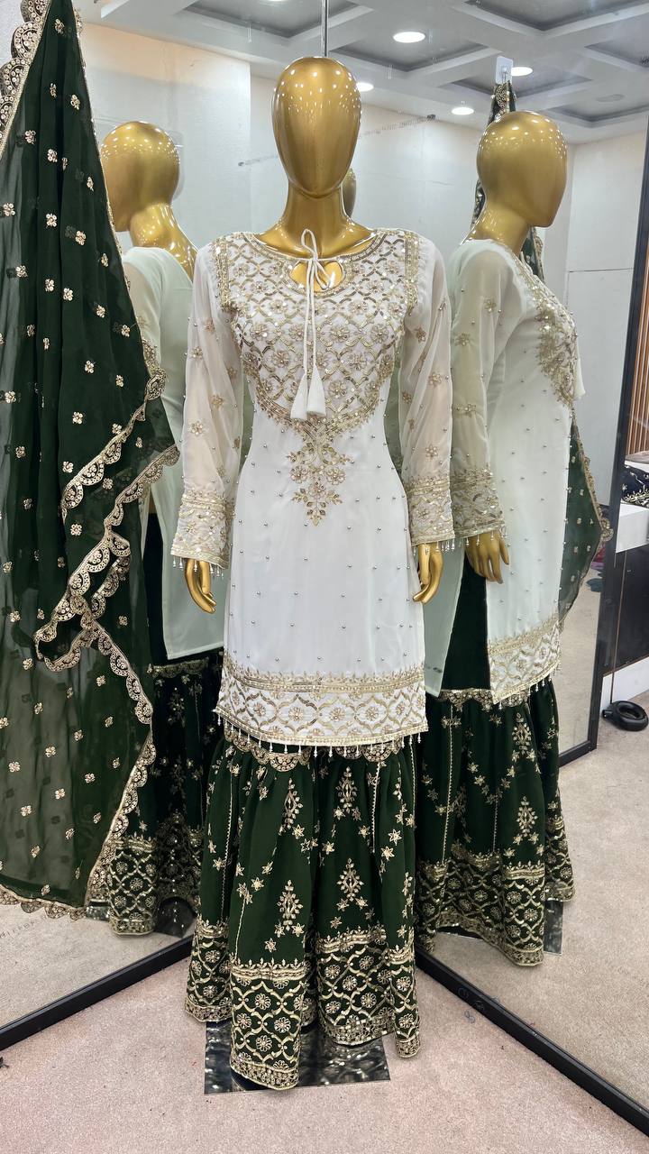 Traditional Wear Green Color Heavy Faux Georgette With Embroidery Sequence Work Sharara Suit